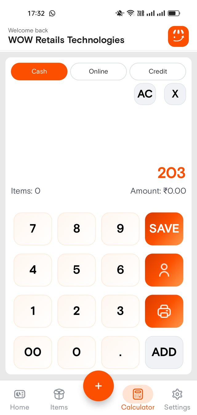 Billing calculator with cash, online and credit modes